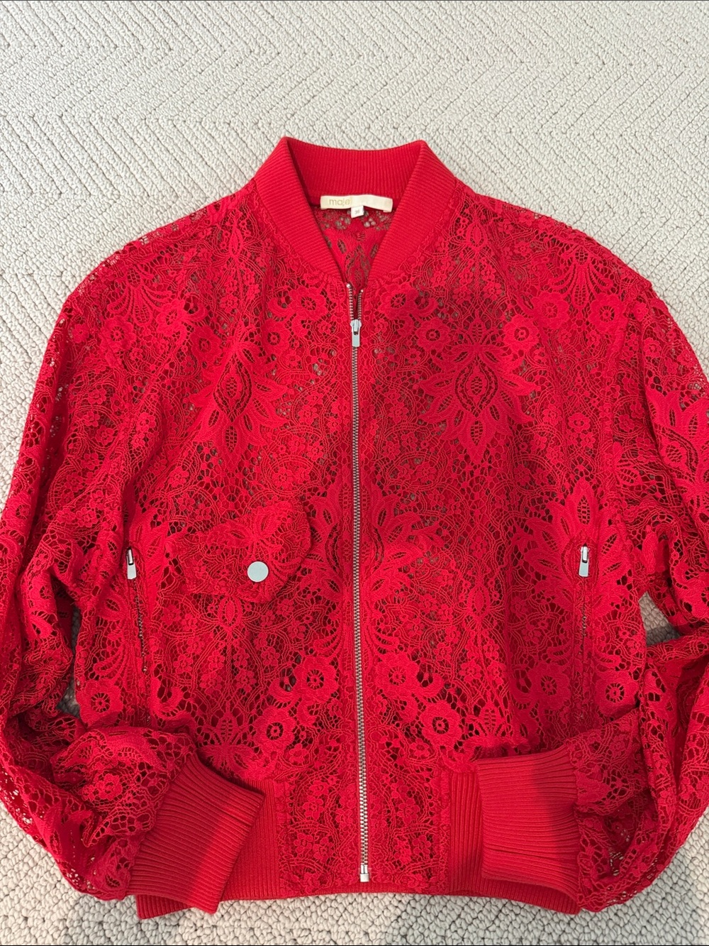 Maje Red Lace Bomber Jacket with Zip Front